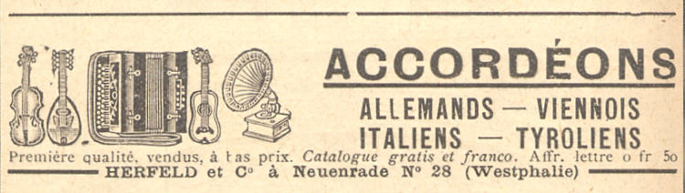Accordons
            Herfeld et Cie  Neuenrade Westphalie. Avec violon,
            mandoline, guitare et phonographe  pavillon.