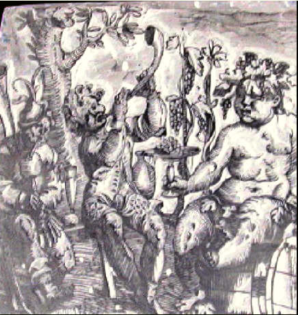 Bacchus sur son tonneau et joueur de cornemuse